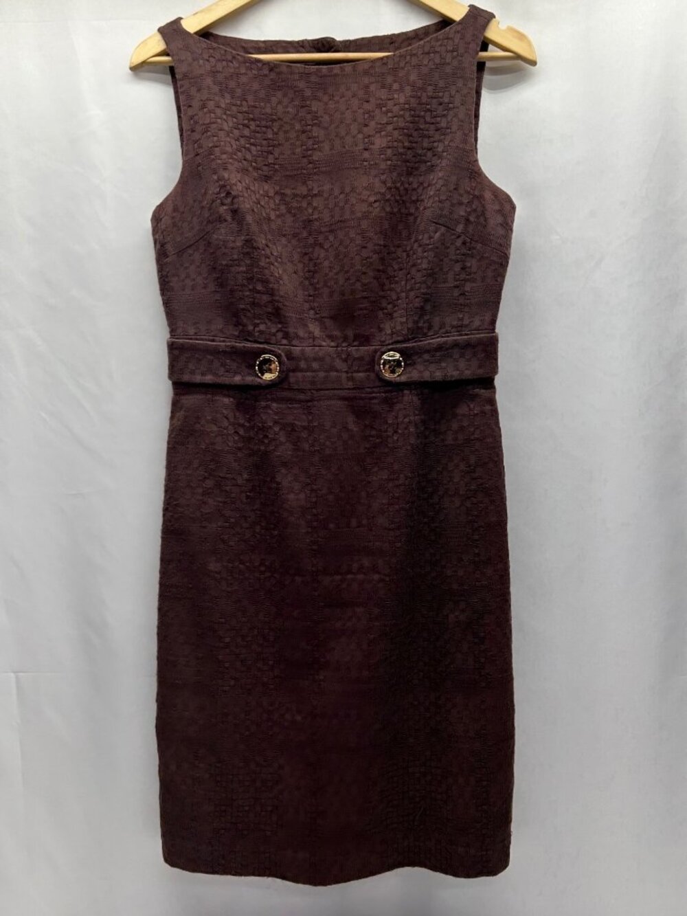 Milly Textured Brown Sleeveless Sheath Dress With Gold Button Details Size 6 Mad